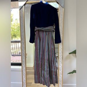Vintage 70’s full length dress w/ blue velvet top and multi colored satin skirt